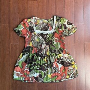 Colorful Leaf Print Blouse with Crochet‎ Detail